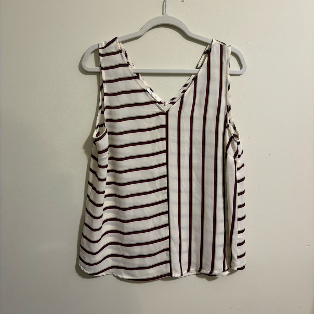 Maurices Striped Sleeveless Top Women’s Large white burgundy V Neck‎ blouse
